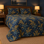 Goldenrod moonlit floral quilt set, low left bedroom view with diamond quilting, AI-generated mockup