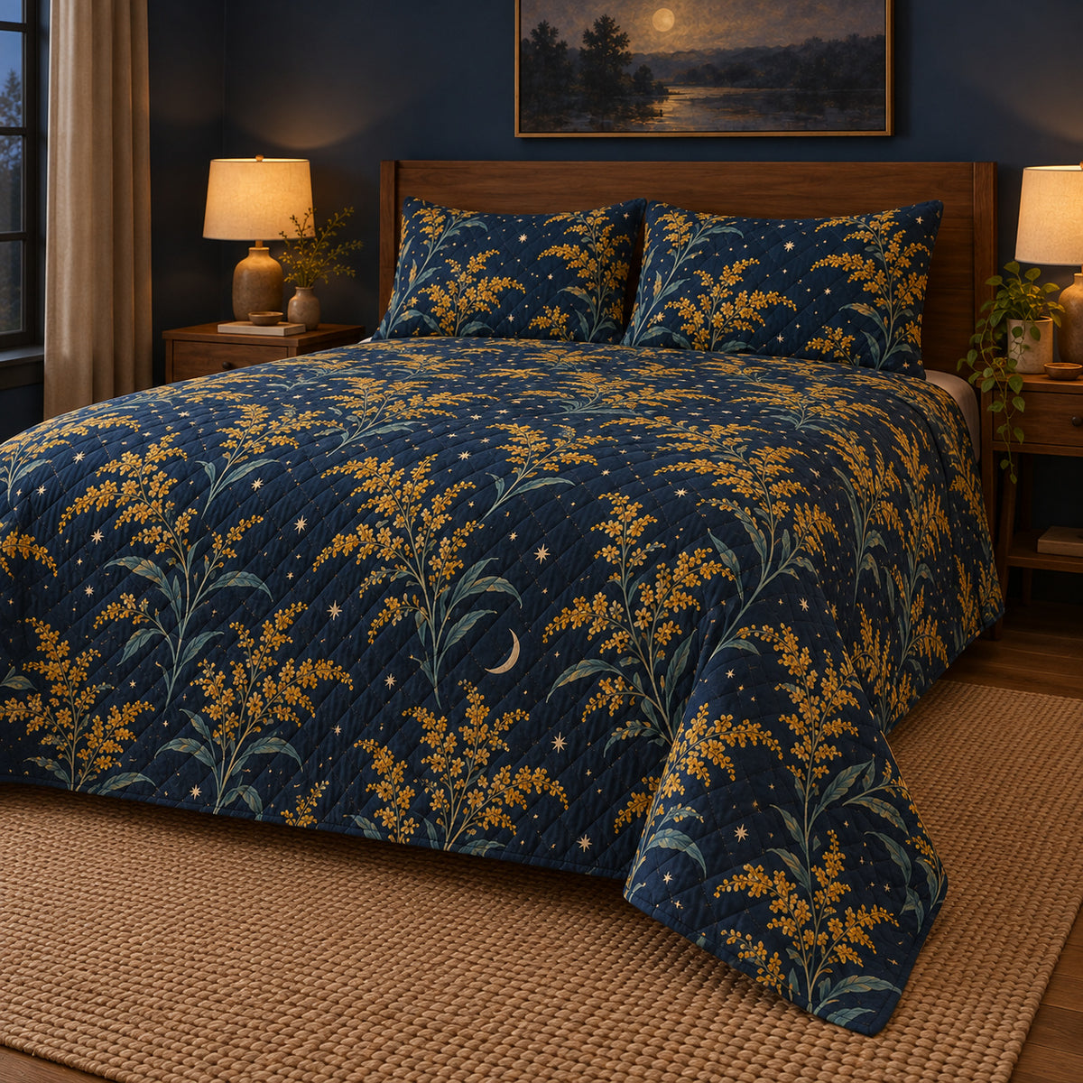 Goldenrod moonlit floral quilt set, low right bedroom view with diamond quilting, AI-generated mockup
