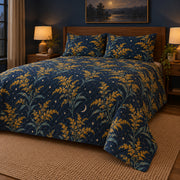 Goldenrod moonlit floral quilt set, low right bedroom view with diamond quilting, AI-generated mockup