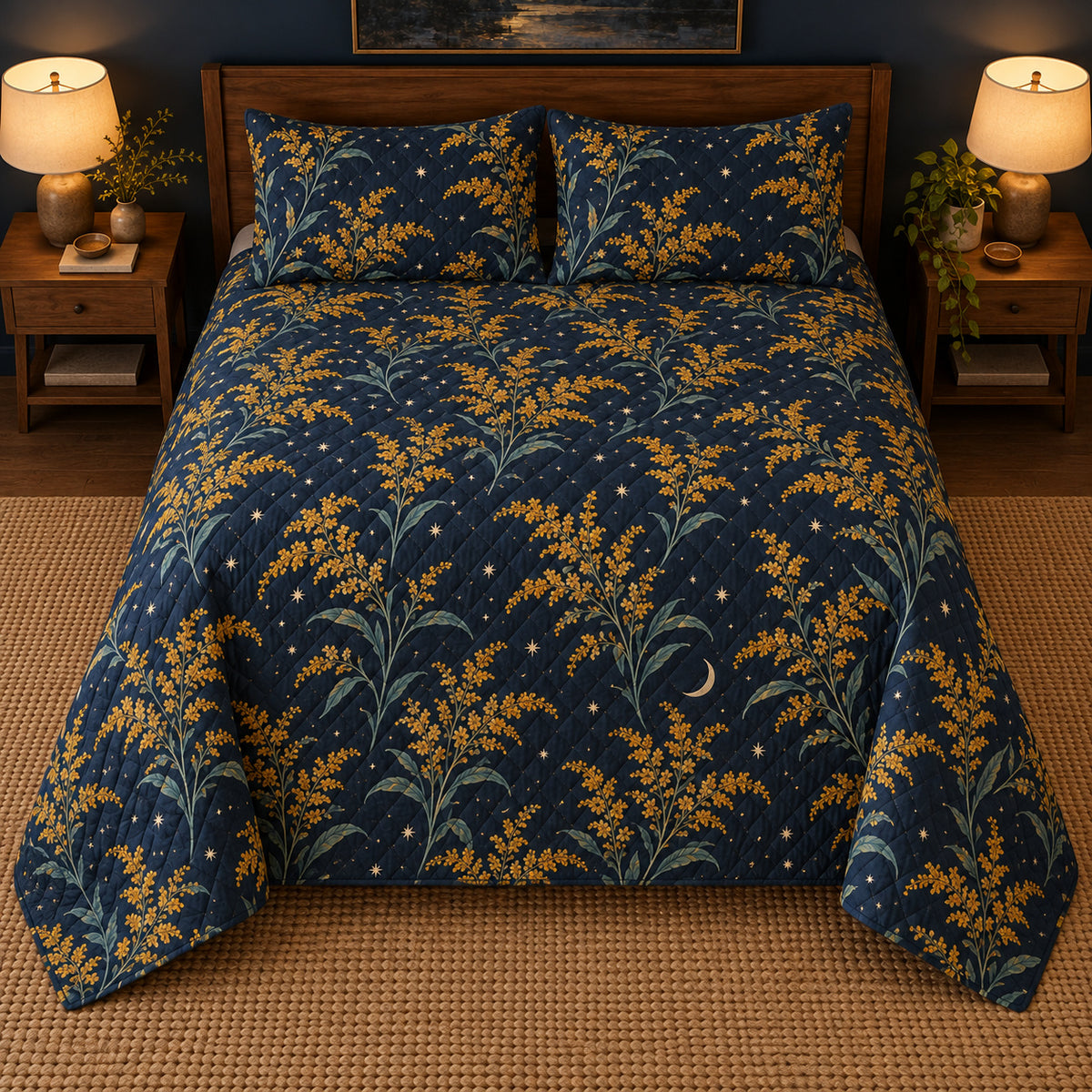 Goldenrod moonlit floral quilt set, centered elevated direct view with diamond quilting, AI-generated mockup