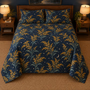 Goldenrod moonlit floral quilt set, centered elevated direct view with diamond quilting, AI-generated mockup