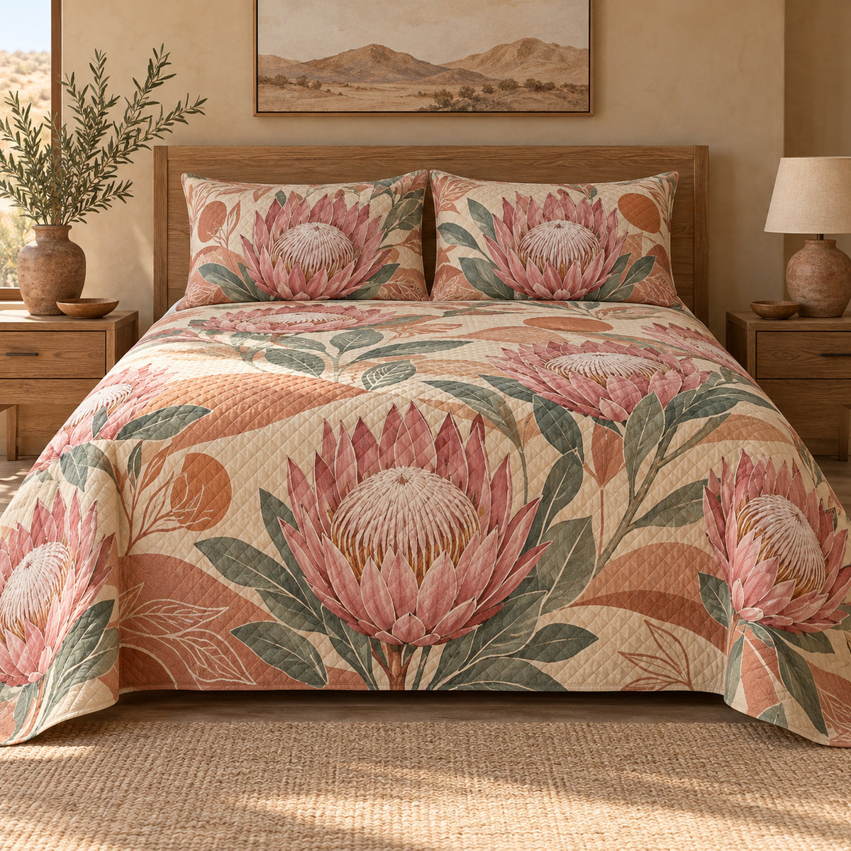 King Protea terracotta quilt set, centered front bedroom view with diamond quilting, AI-generated mockup