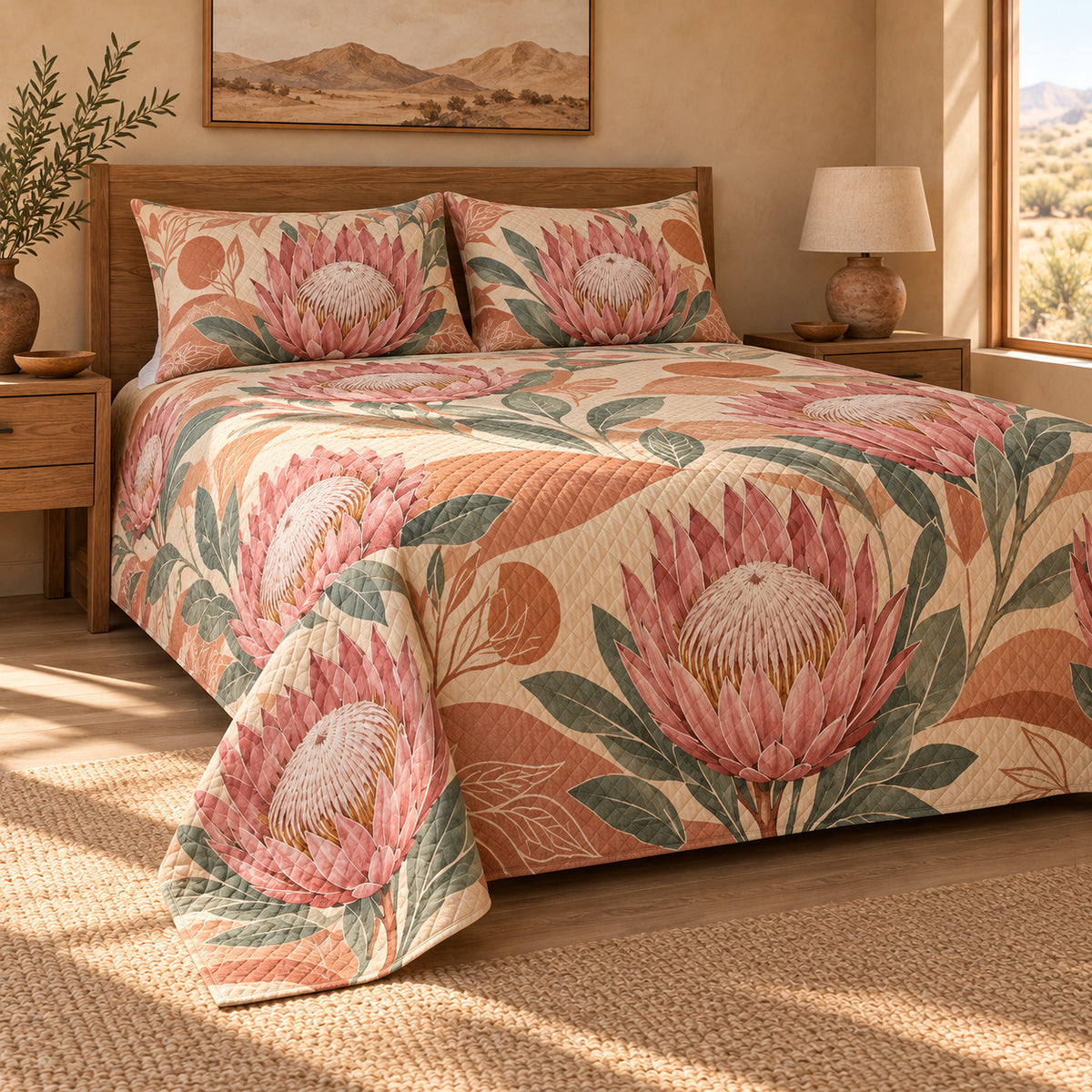 King Protea terracotta quilt set, low left bedroom view with diamond quilting, AI-generated mockup