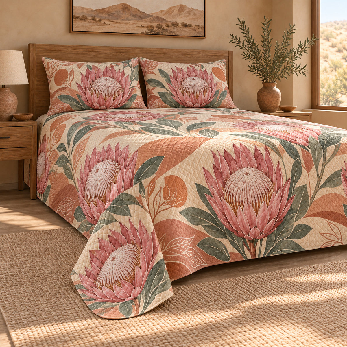 King Protea terracotta quilt set, low right bedroom view with diamond quilting, AI-generated mockup