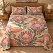 King Protea terracotta quilt set, centered elevated direct view with diamond quilting, AI-generated mockup