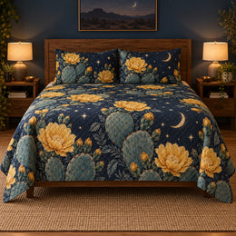 Prickly Pear Blossom Quilt Set, Moonlit Bedding, Gift for Cactus Lovers