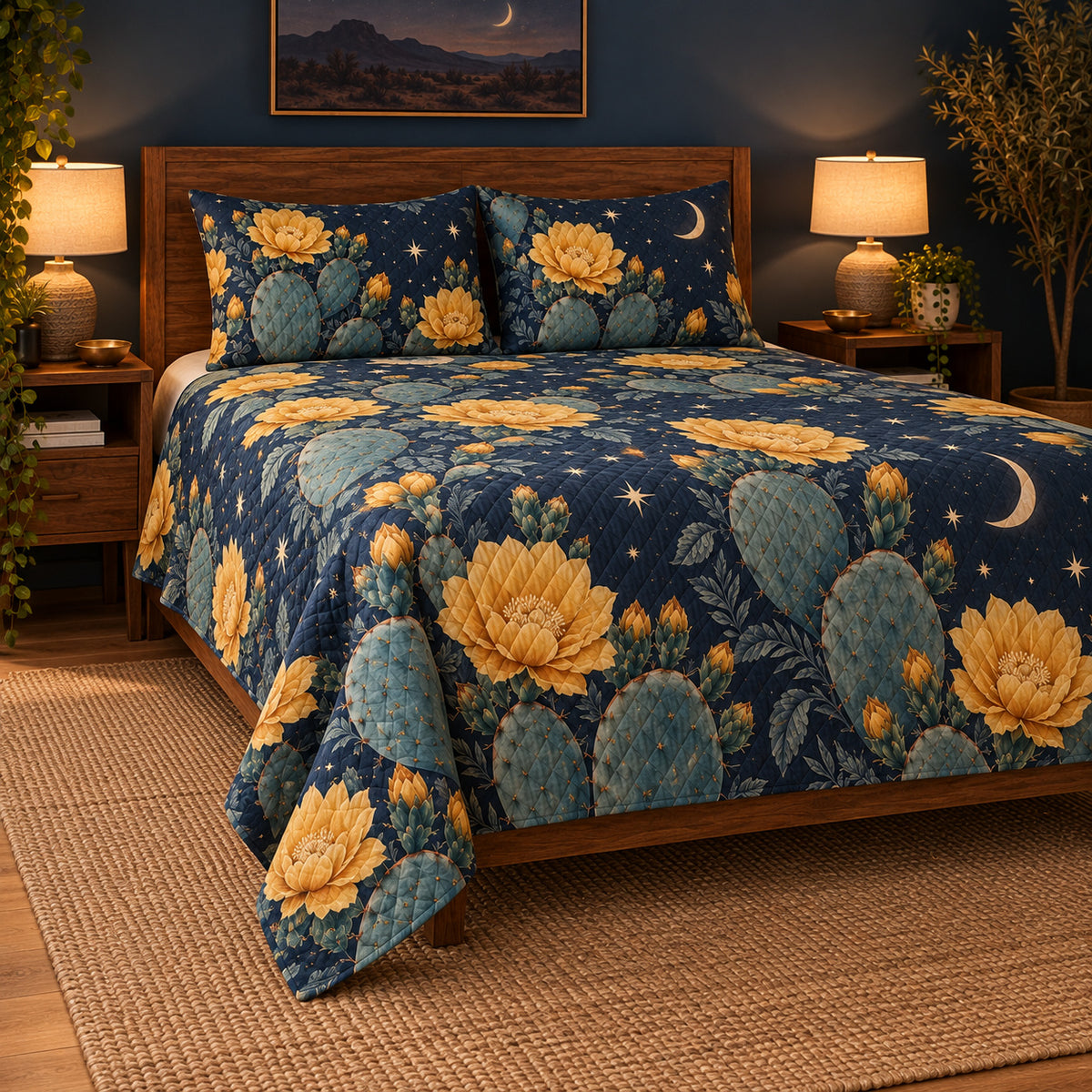 Prickly pear blossom moonlit quilt set, low left view with diamond quilting, AI-generated mockup