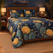 Prickly pear blossom moonlit quilt set, low left view with diamond quilting, AI-generated mockup