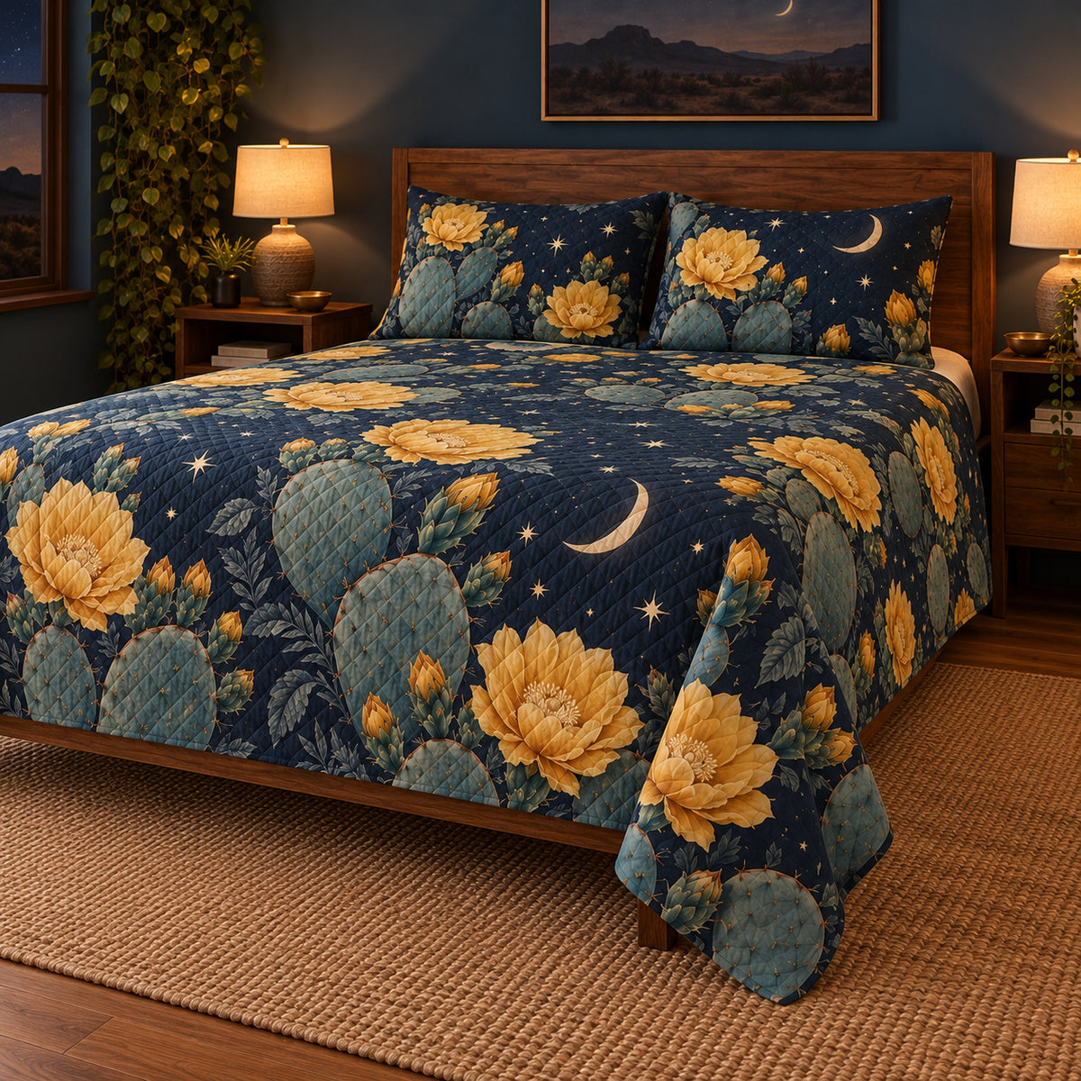 Prickly pear blossom moonlit quilt set, low right view with diamond quilting, AI-generated mockup