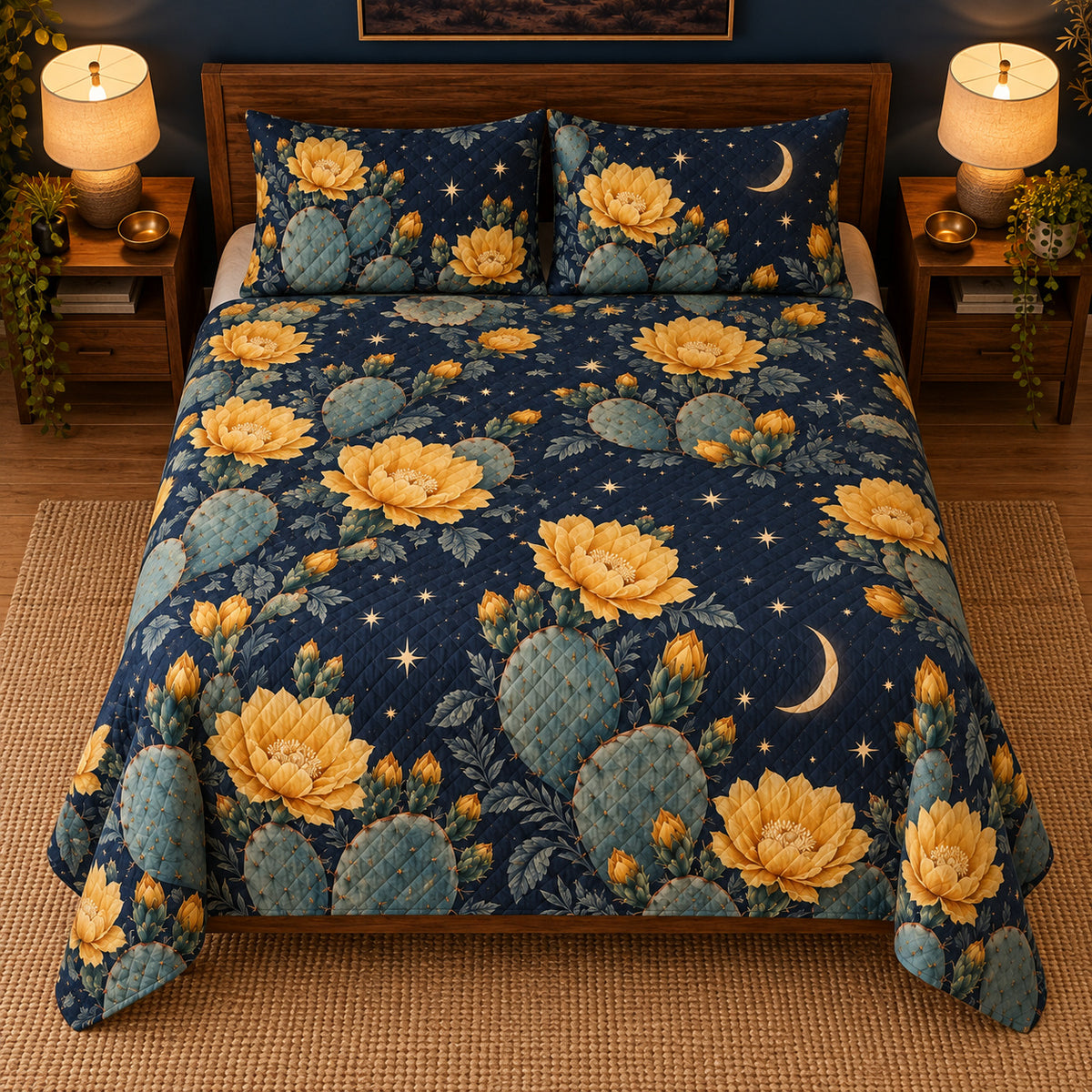 Prickly pear blossom moonlit quilt set, centered elevated direct view with diamond quilting, AI-generated mockup