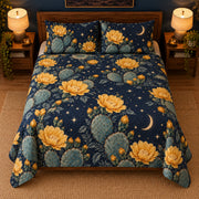 Prickly pear blossom moonlit quilt set, centered elevated direct view with diamond quilting, AI-generated mockup