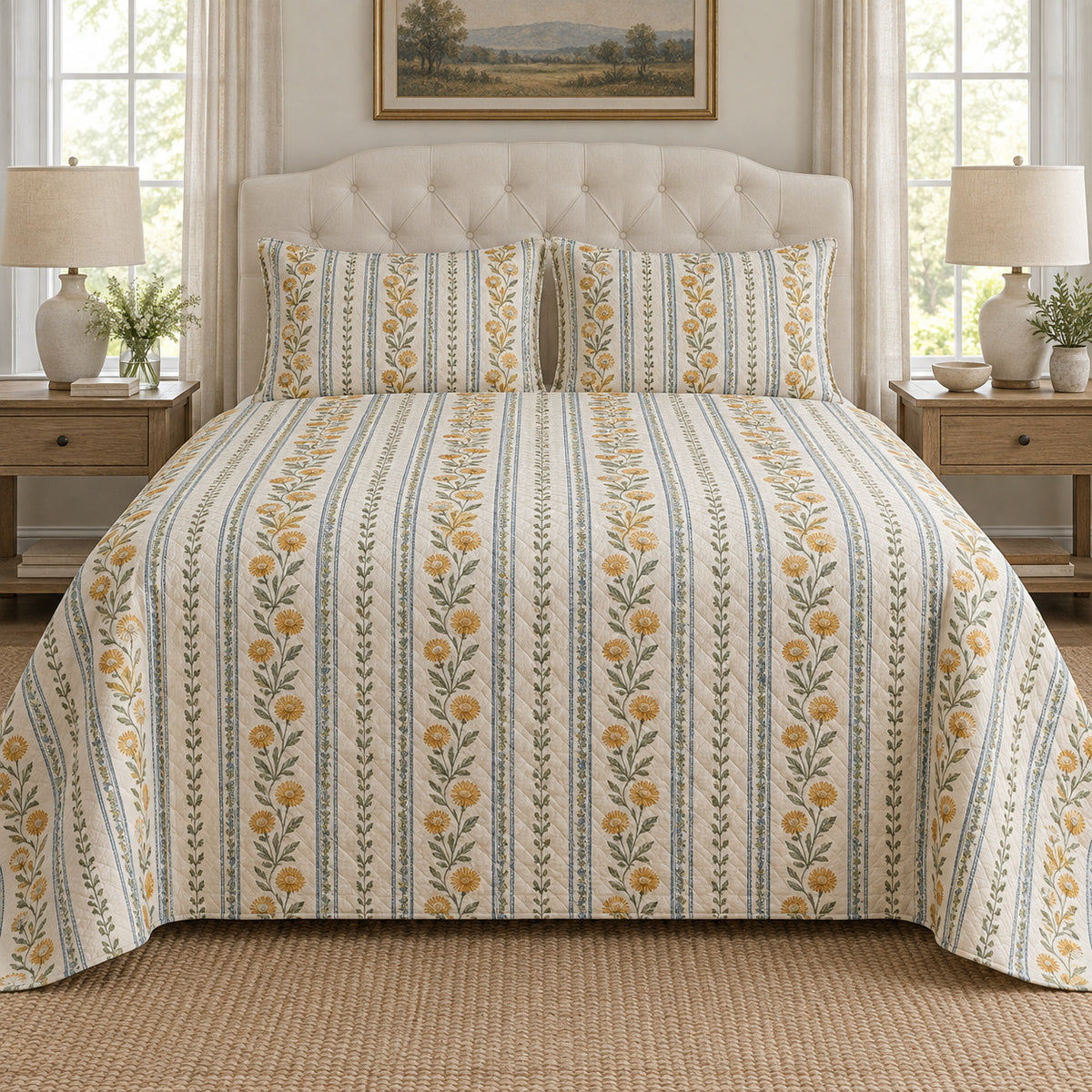 Strawflower botanical stripe quilt set, centered front view with diamond quilting, AI-generated mockup