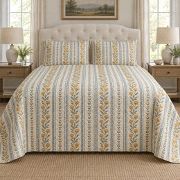 Strawflower Quilt Set, Botanical Stripe Bedding, Gift for Flower Lovers