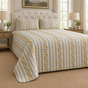 Strawflower botanical stripe quilt set, low left view with diamond quilting, AI-generated mockup