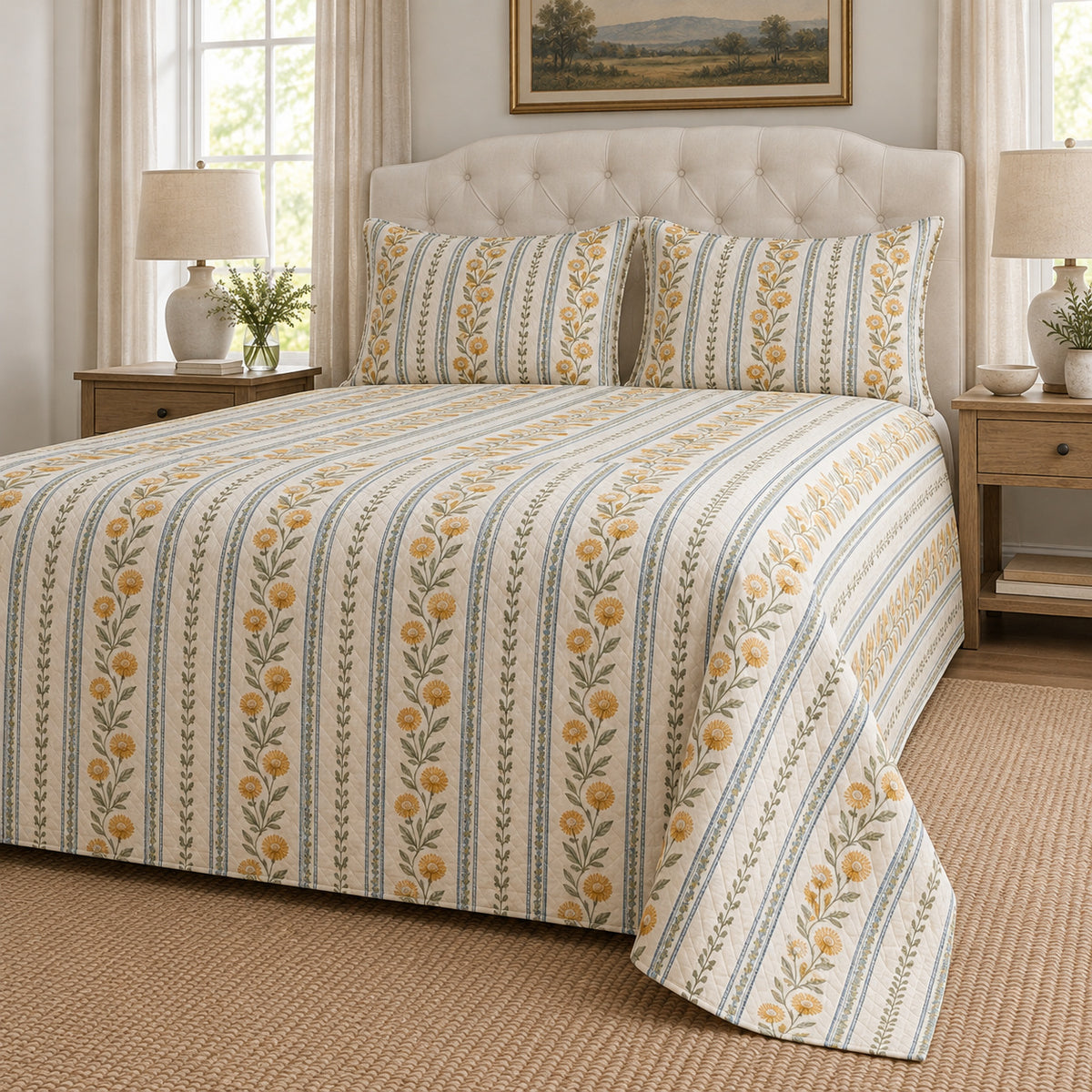 Strawflower botanical stripe quilt set, low right view with diamond quilting, AI-generated mockup