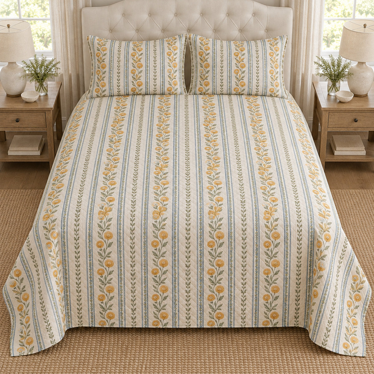 Strawflower botanical stripe quilt set, centered elevated direct view with diamond quilting, AI-generated mockup