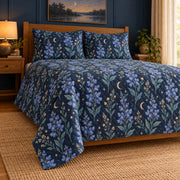 Wild Indigo quilt set, low left angle, AI-generated mockup