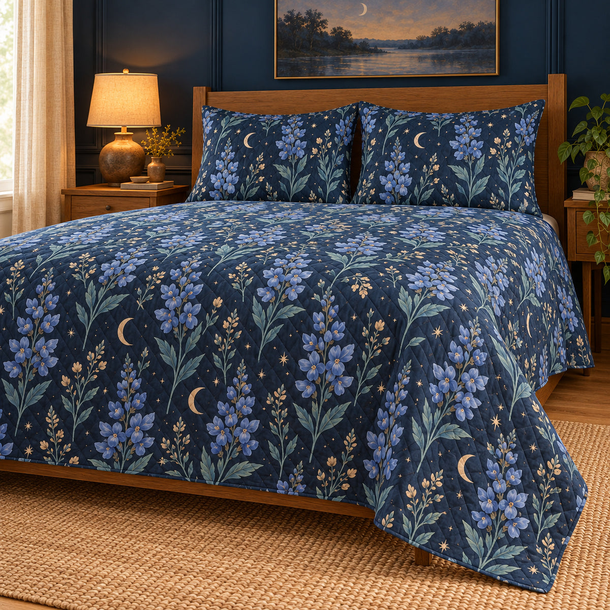 Wild Indigo quilt set, low right angle, AI-generated mockup