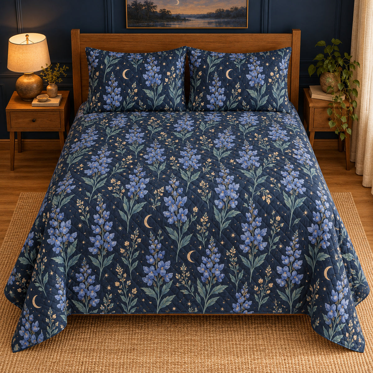 Wild Indigo quilt set, elevated direct frontal view, AI-generated mockup
