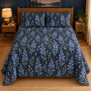 Wild Indigo quilt set, elevated direct frontal view, AI-generated mockup