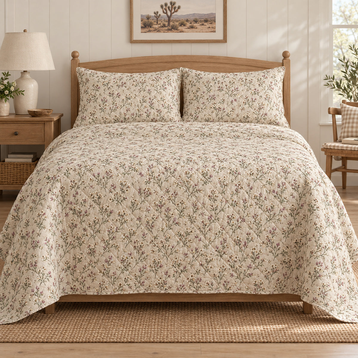 Joshua Tree Bloom quilt set, centered front view, AI-generated mockup