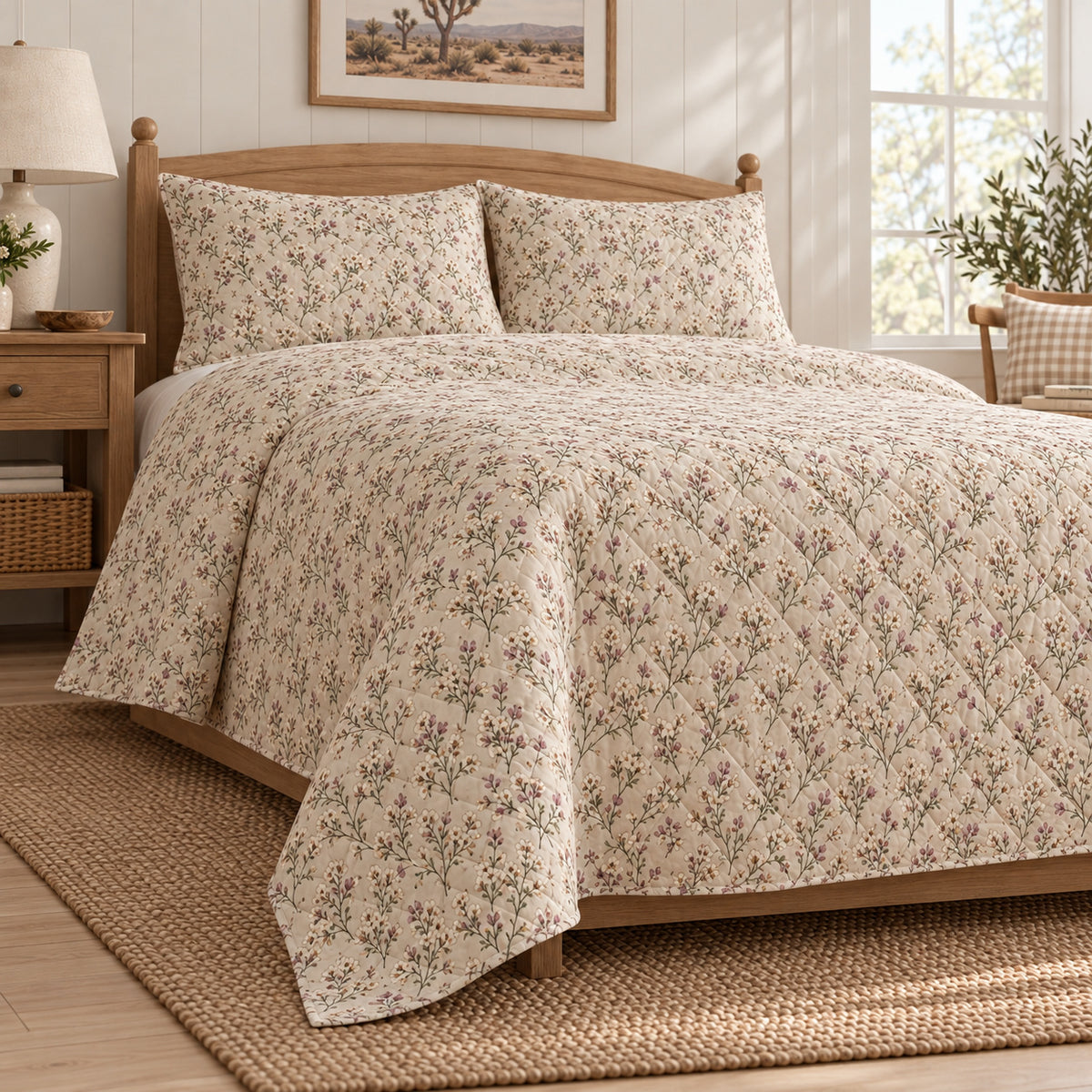 Joshua Tree Bloom quilt set, low left angle, AI-generated mockup