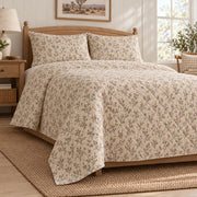 Joshua Tree Bloom quilt set, low left angle, AI-generated mockup