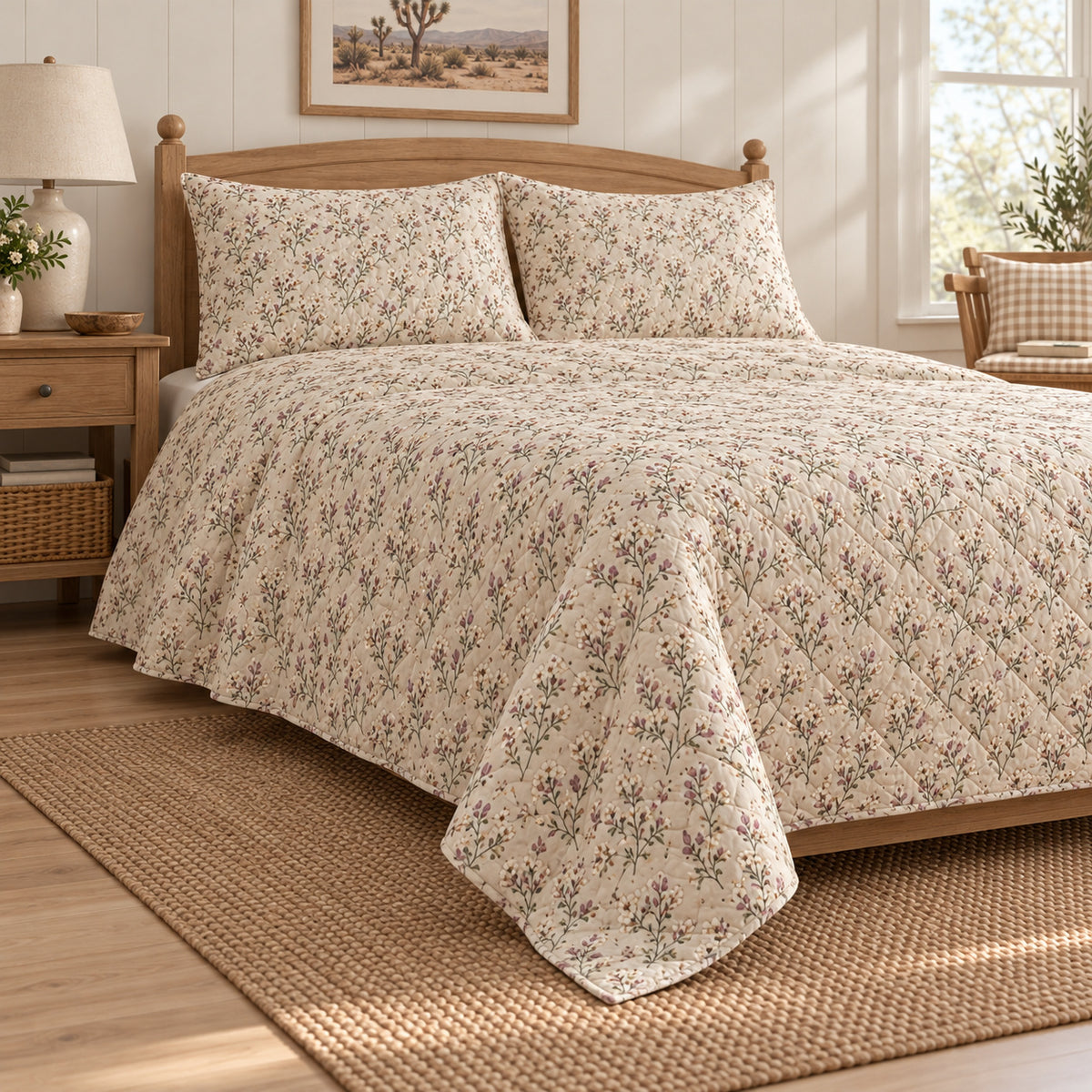 Joshua Tree Bloom quilt set, low right angle, AI-generated mockup