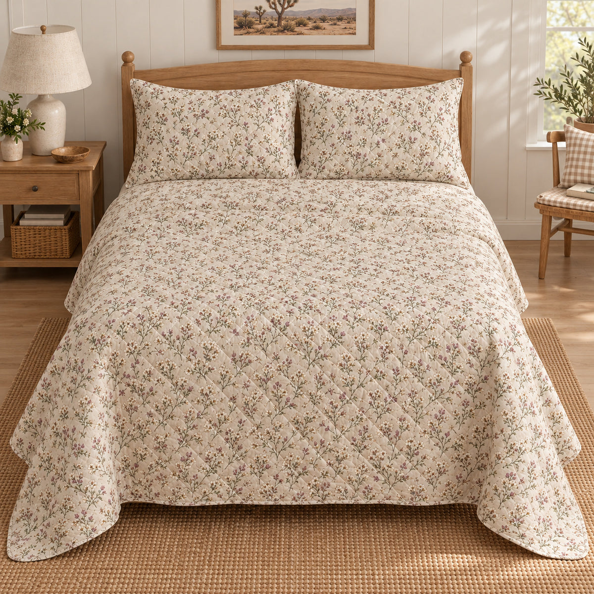 Joshua Tree Bloom quilt set, elevated direct frontal view, AI-generated mockup
