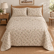 Joshua Tree Bloom quilt set, elevated direct frontal view, AI-generated mockup