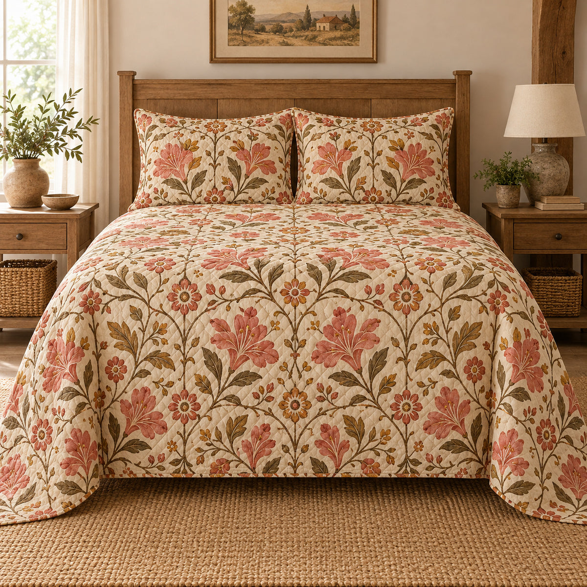 Azalea quilt set, centered front view, AI-generated mockup