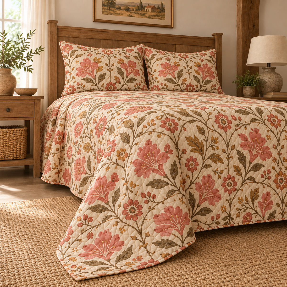 Azalea quilt set, low left angle, AI-generated mockup