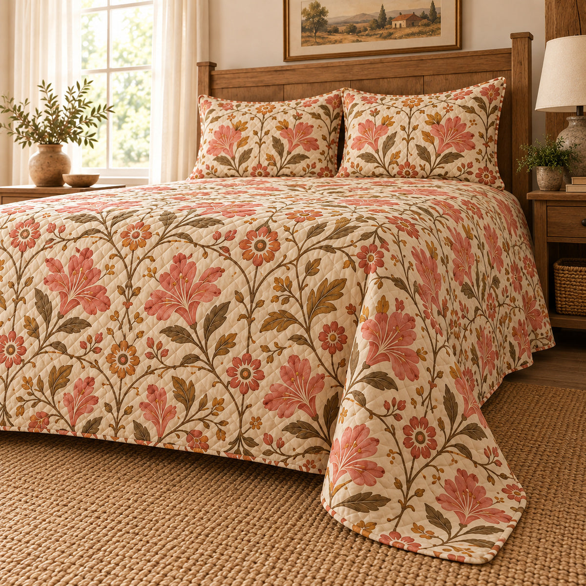 Azalea quilt set, low right angle, AI-generated mockup