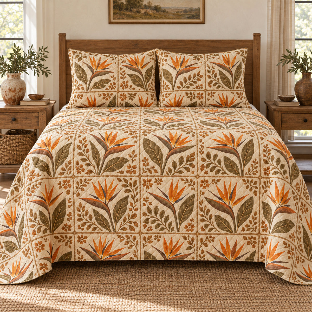 Bird of Paradise Flower quilt set, centered front view, AI-generated mockup