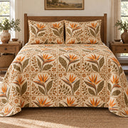 Bird of Paradise Flower quilt set, centered front view, AI-generated mockup