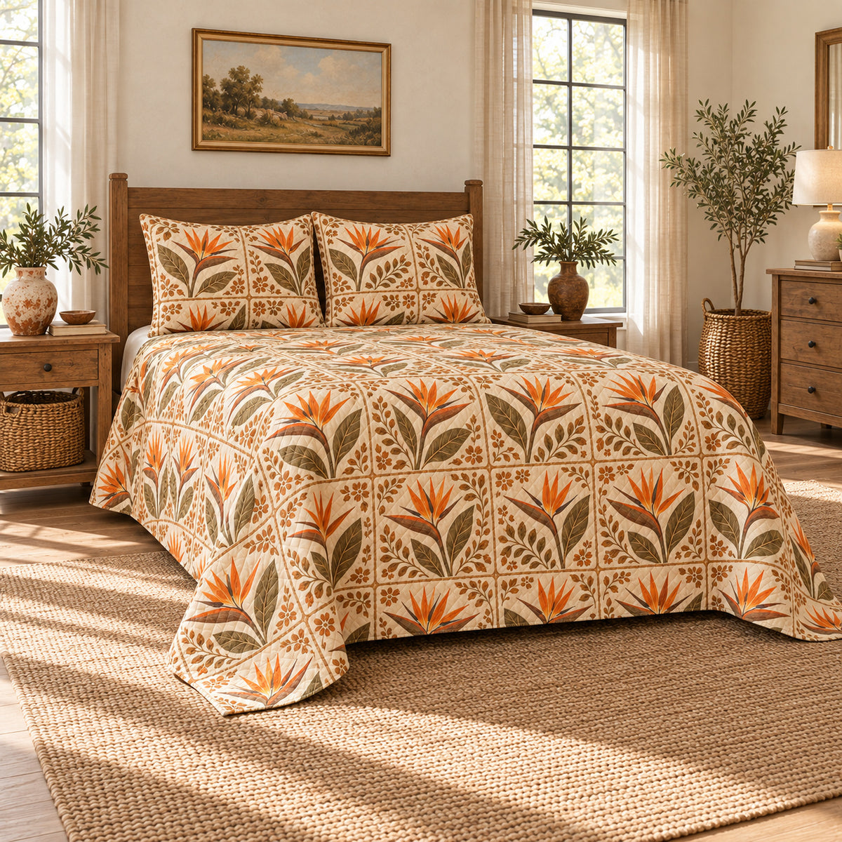 Bird of Paradise Flower quilt set, wide low left angle, AI-generated mockup
