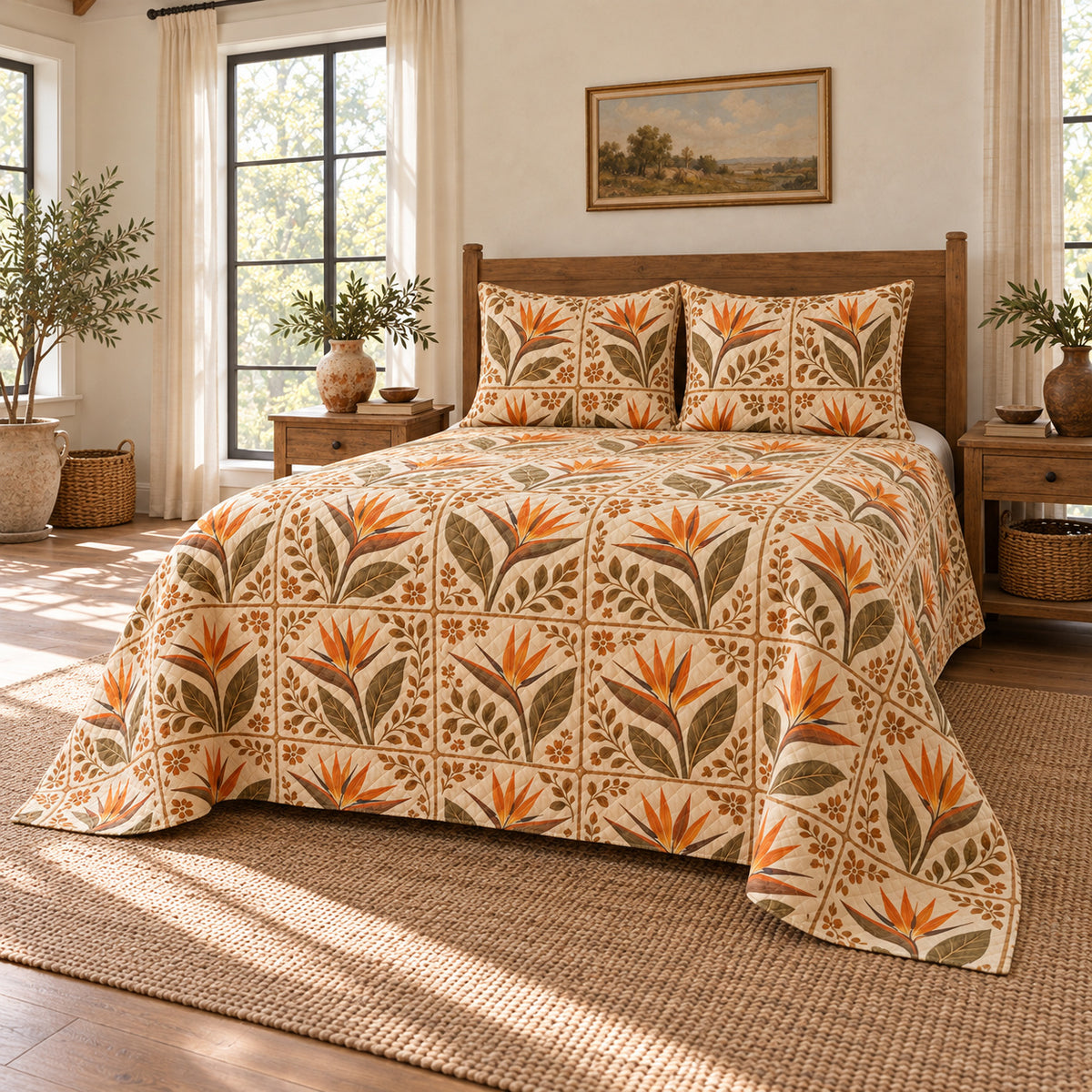 Bird of Paradise Flower quilt set, wide low right angle, AI-generated mockup