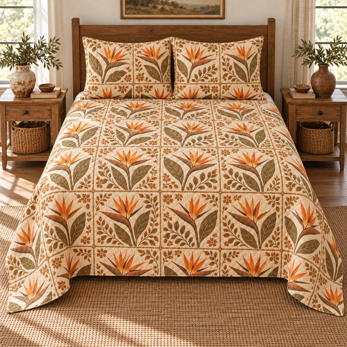 Bird of Paradise Flower quilt set, elevated direct frontal view, AI-generated mockup