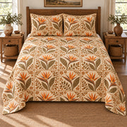 Bird of Paradise Flower quilt set, elevated direct frontal view, AI-generated mockup