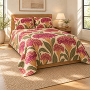Cockscomb quilt set, wide low left angle, AI-generated mockup