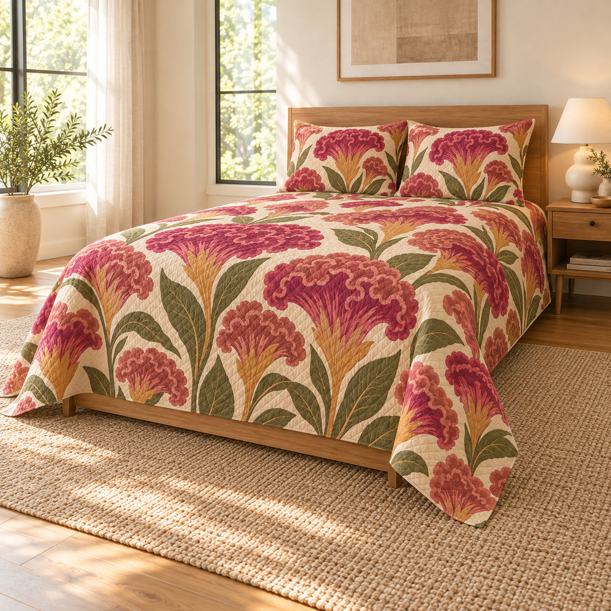 Cockscomb quilt set, wide low right angle, AI-generated mockup