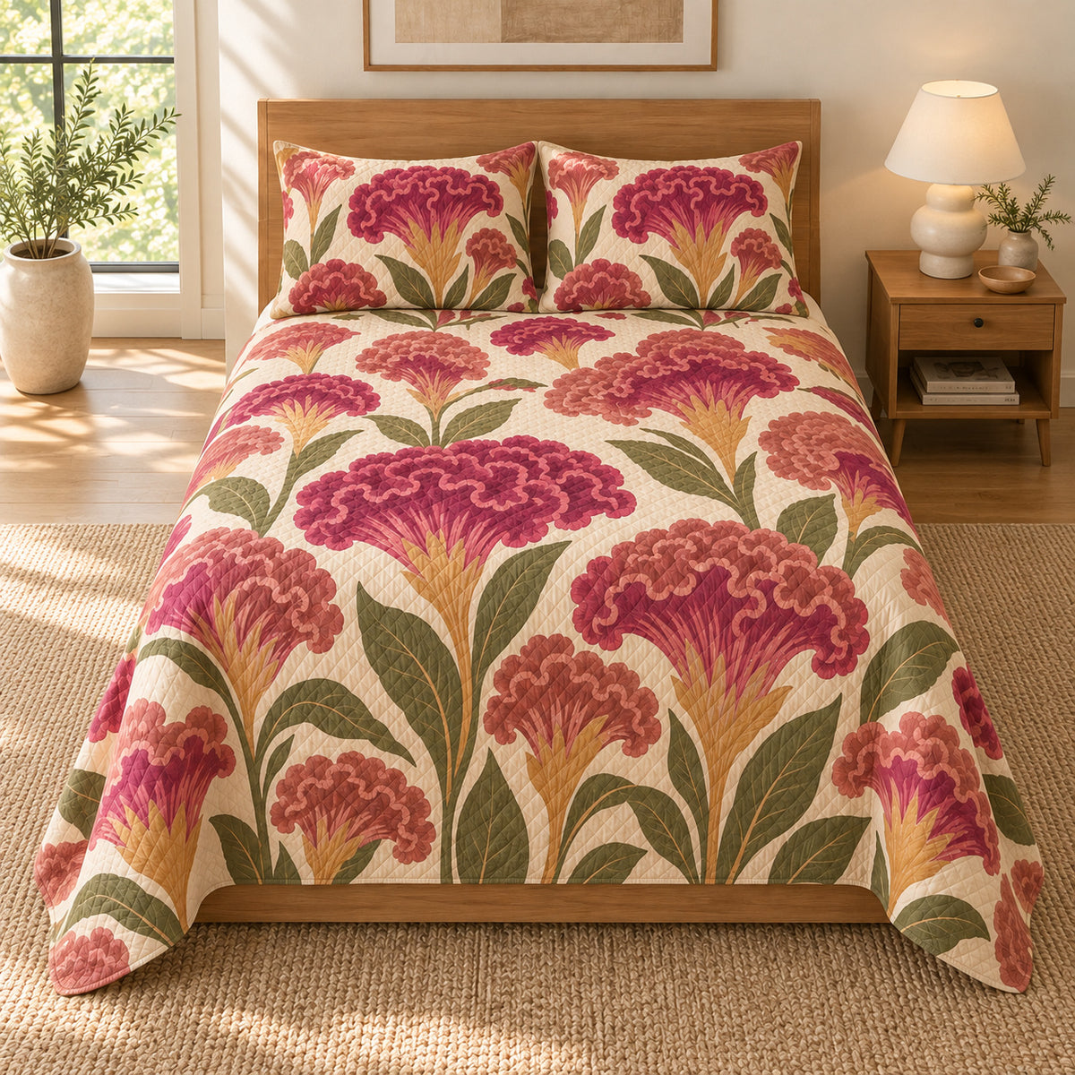 Cockscomb quilt set, elevated direct frontal view, AI-generated mockup