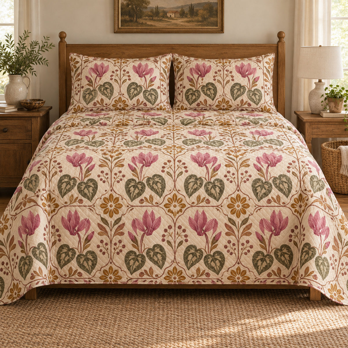 Cyclamen quilt set, centered front view, AI-generated mockup