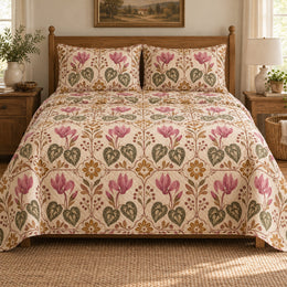 Cyclamen Quilt Set, Folk Art Floral Bedding, Gift for Cyclamen and Garden Lovers