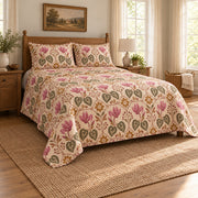 Cyclamen quilt set, wide low left angle, AI-generated mockup