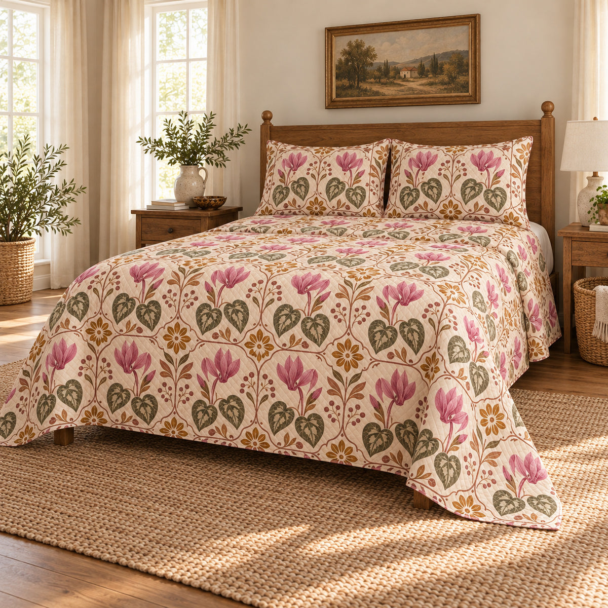 Cyclamen quilt set, wide low right angle, AI-generated mockup