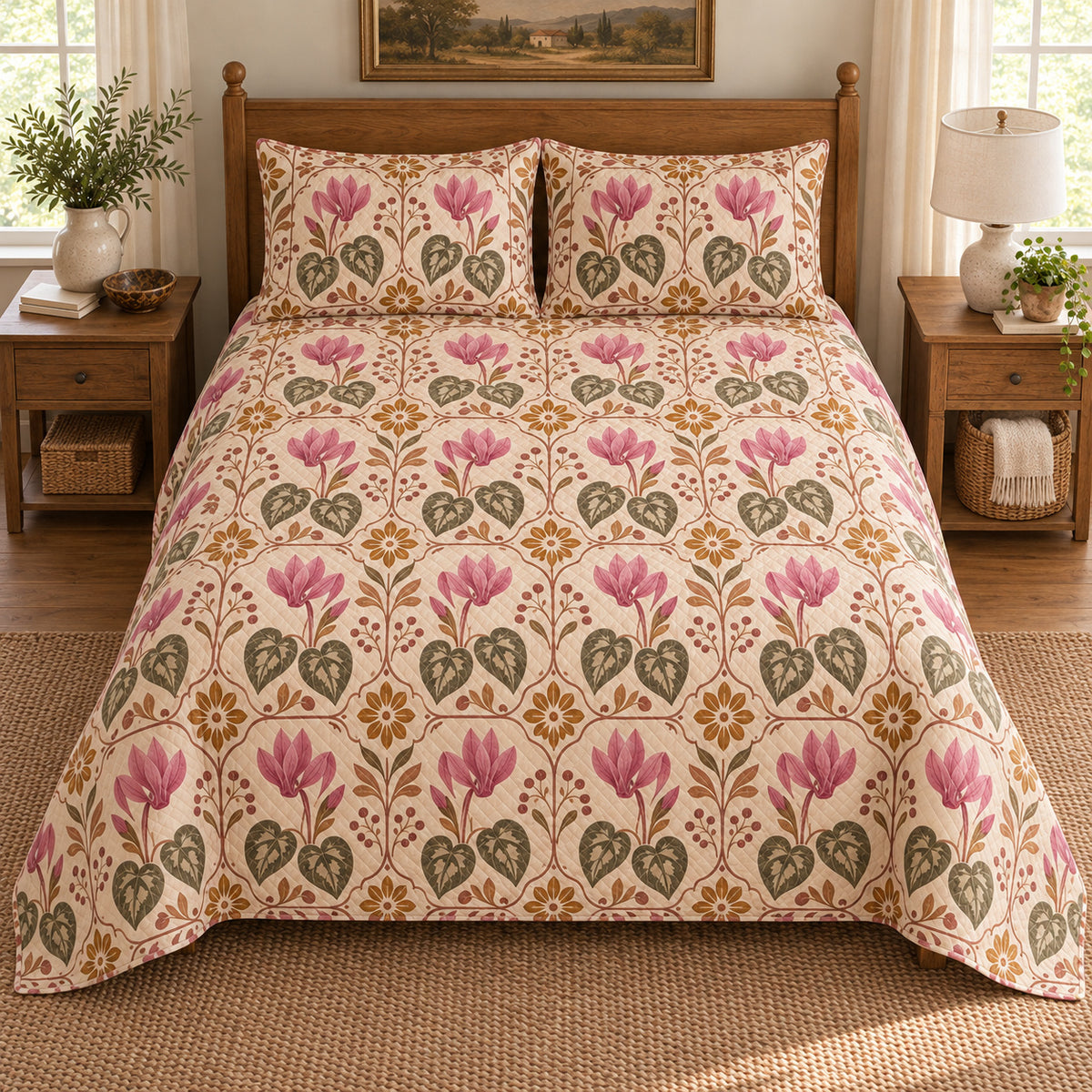 Cyclamen quilt set, elevated direct frontal view, AI-generated mockup