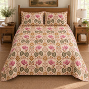 Cyclamen quilt set, elevated direct frontal view, AI-generated mockup