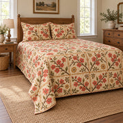 Flowering Quince quilt set, wide front-left angle, AI-generated mockup