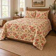 Flowering Quince quilt set, wide front-right angle, AI-generated mockup